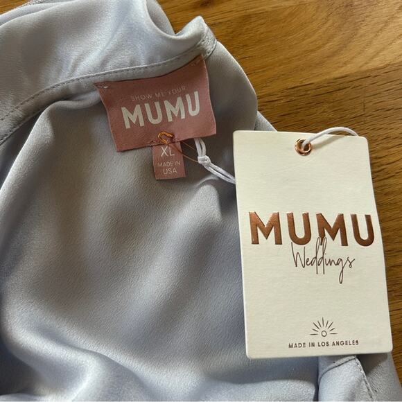 Show Me Your MuMu Samantha Ruffle Faux Wrap Dress in Ice Gray Satin XL - NWT - Picture 7 of 9